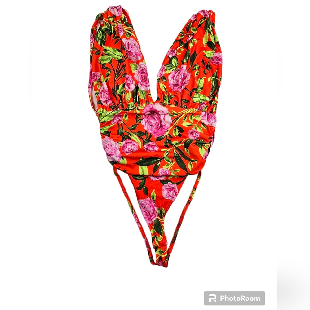 🌞Zara Drape Deep-neck Ruched Floral Bodysuit Top Floral Sleeveless NWOT - Picture 13 of 16